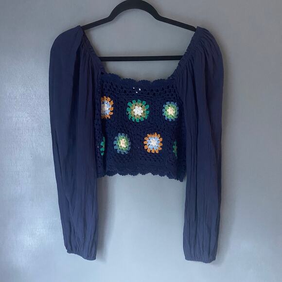 aerie Tops - Aerie Boho Grandma Square Crop Top Women's Small Blue Puff Sleeve Square Neck